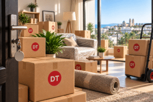 Déménagement en Tunisie avec des cartons et meubles protégés