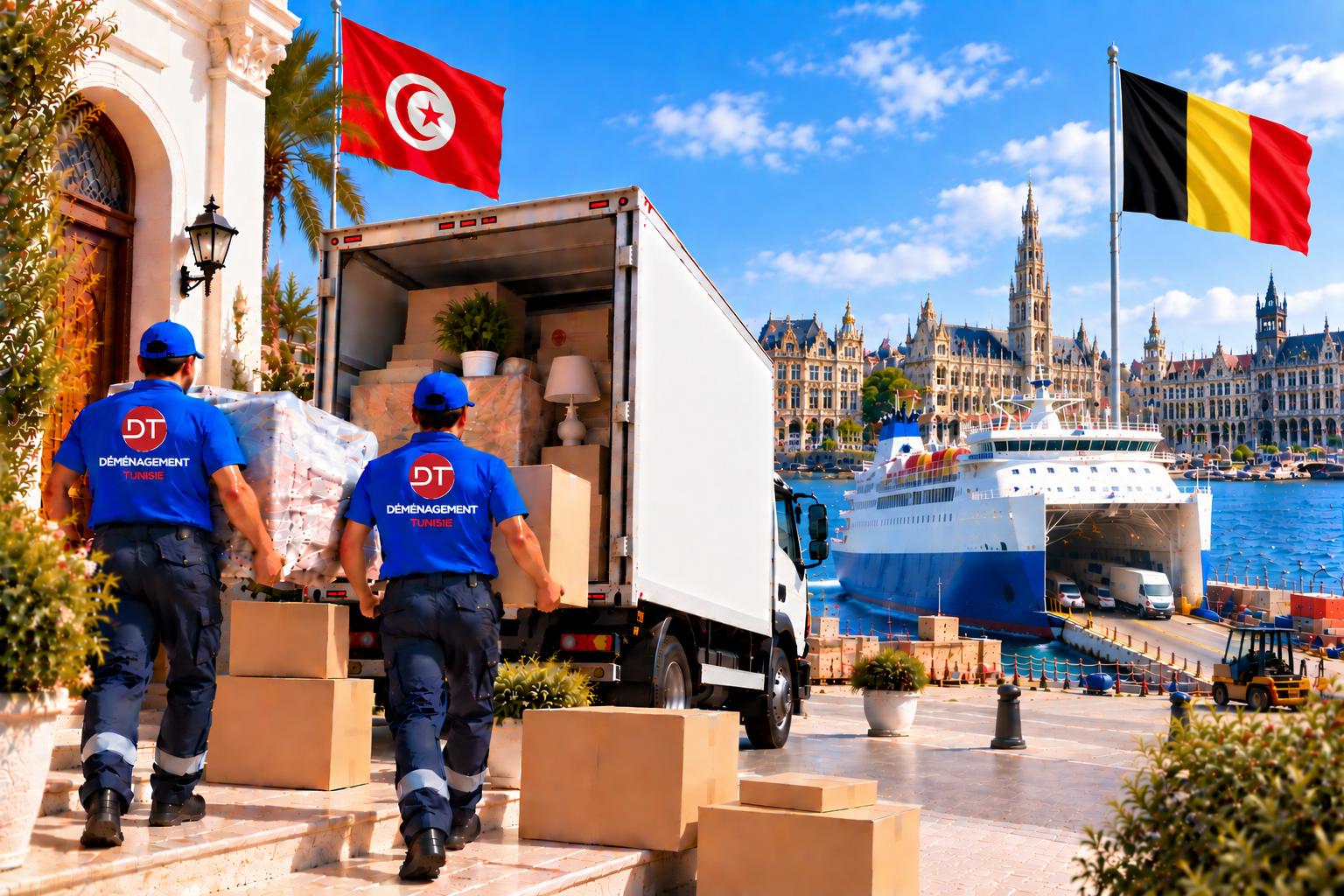 Déménageurs transportant du mobilier de la Tunisie vers la Belgique