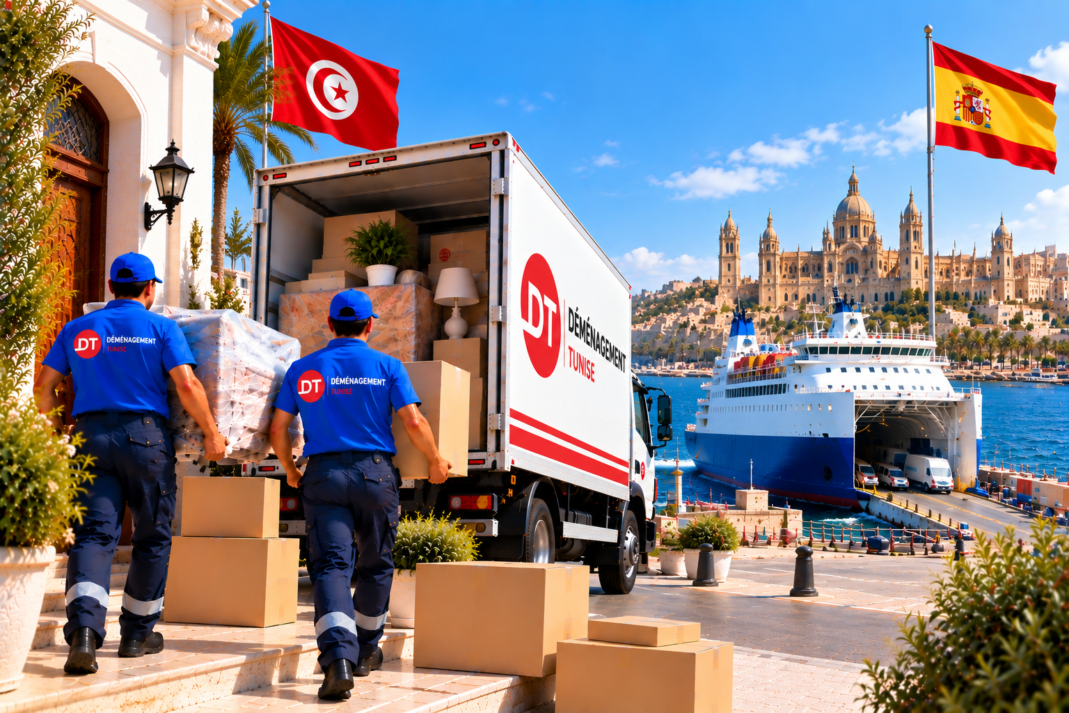 Équipe de déménageurs transportant des meubles de la Tunisie vers l’Espagne
