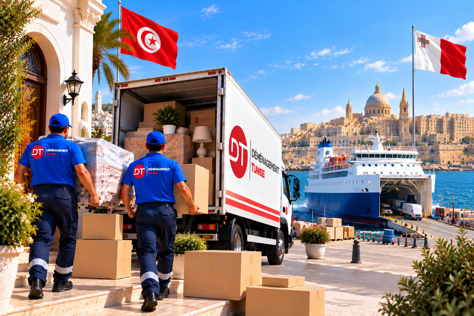 Déménageurs transportant des meubles de la Tunisie vers Malte
