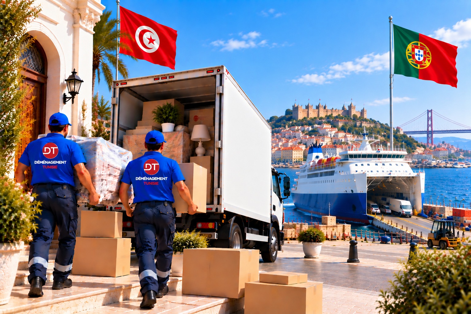 Déménageurs chargeant des meubles pour un transport de la Tunisie vers le Portugal