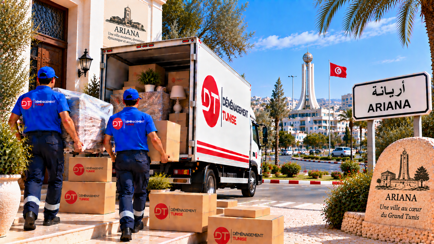 Équipe professionnelle transportant des meubles lors d’un déménagement à Ariana