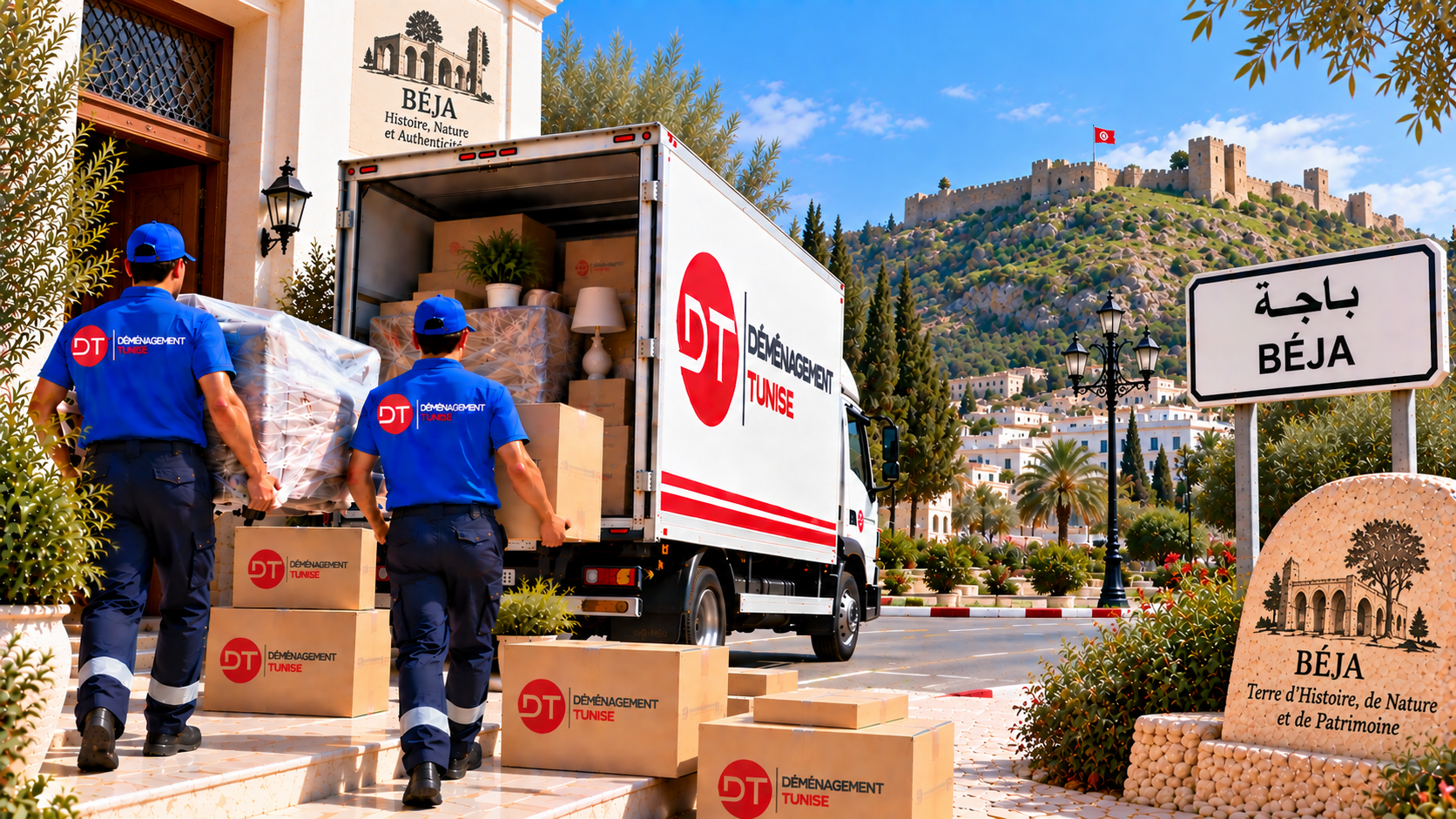 Déménageurs transportant des meubles et cartons à Béja