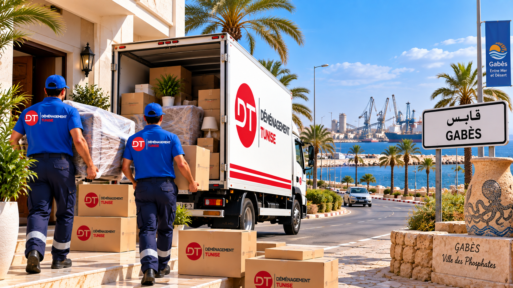 Déménageurs transportant des meubles et cartons à Gabès