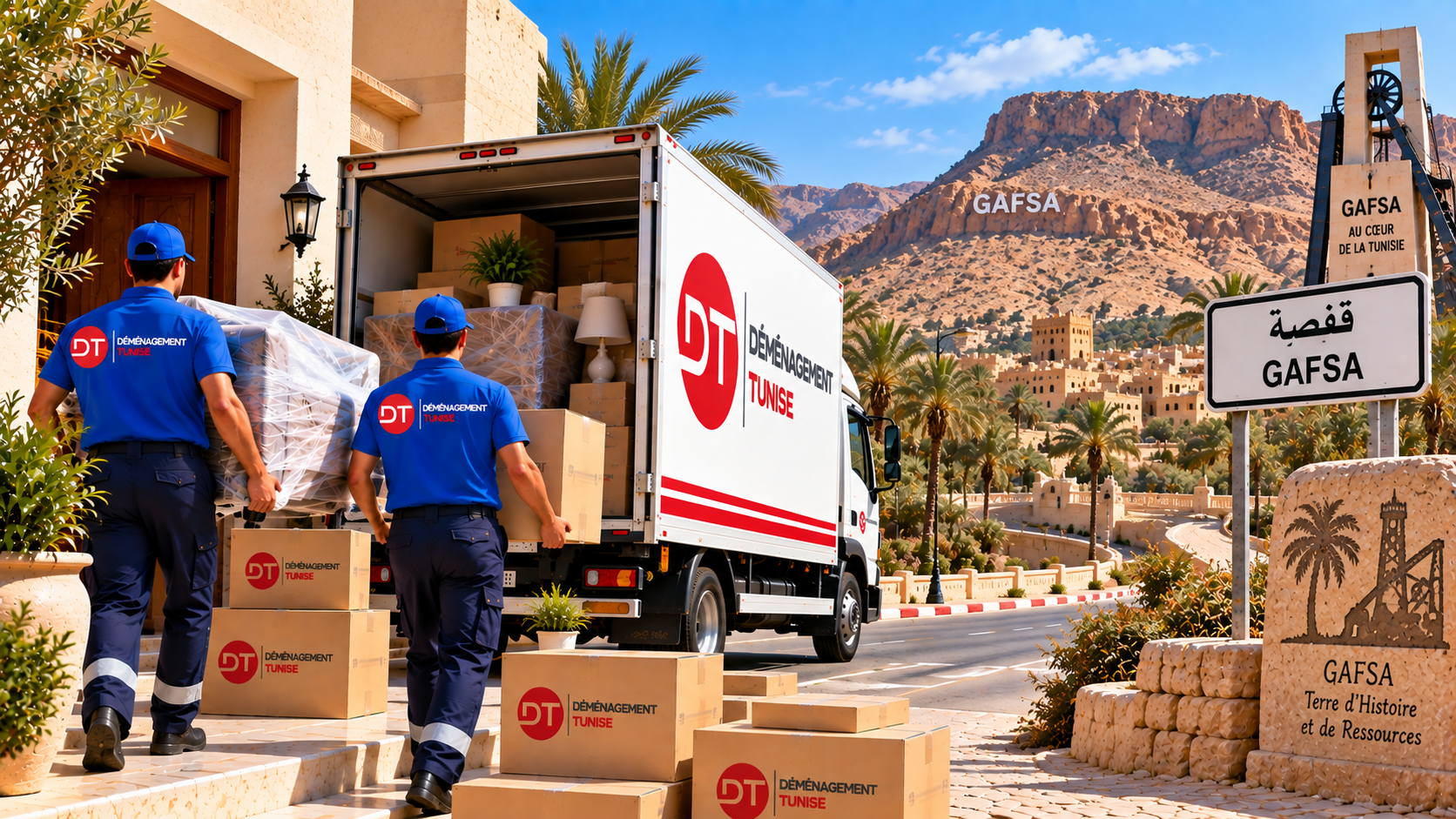 Équipe de déménagement transportant du mobilier à Gafsa
