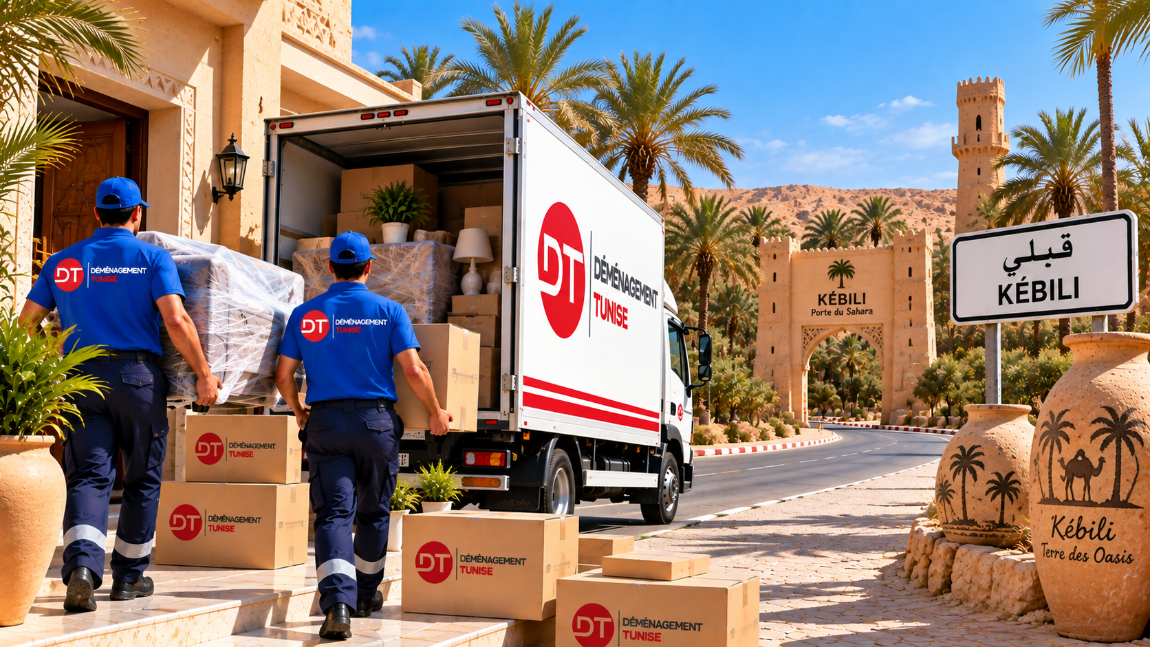 Déménageurs chargeant des meubles dans un camion à Kébili
