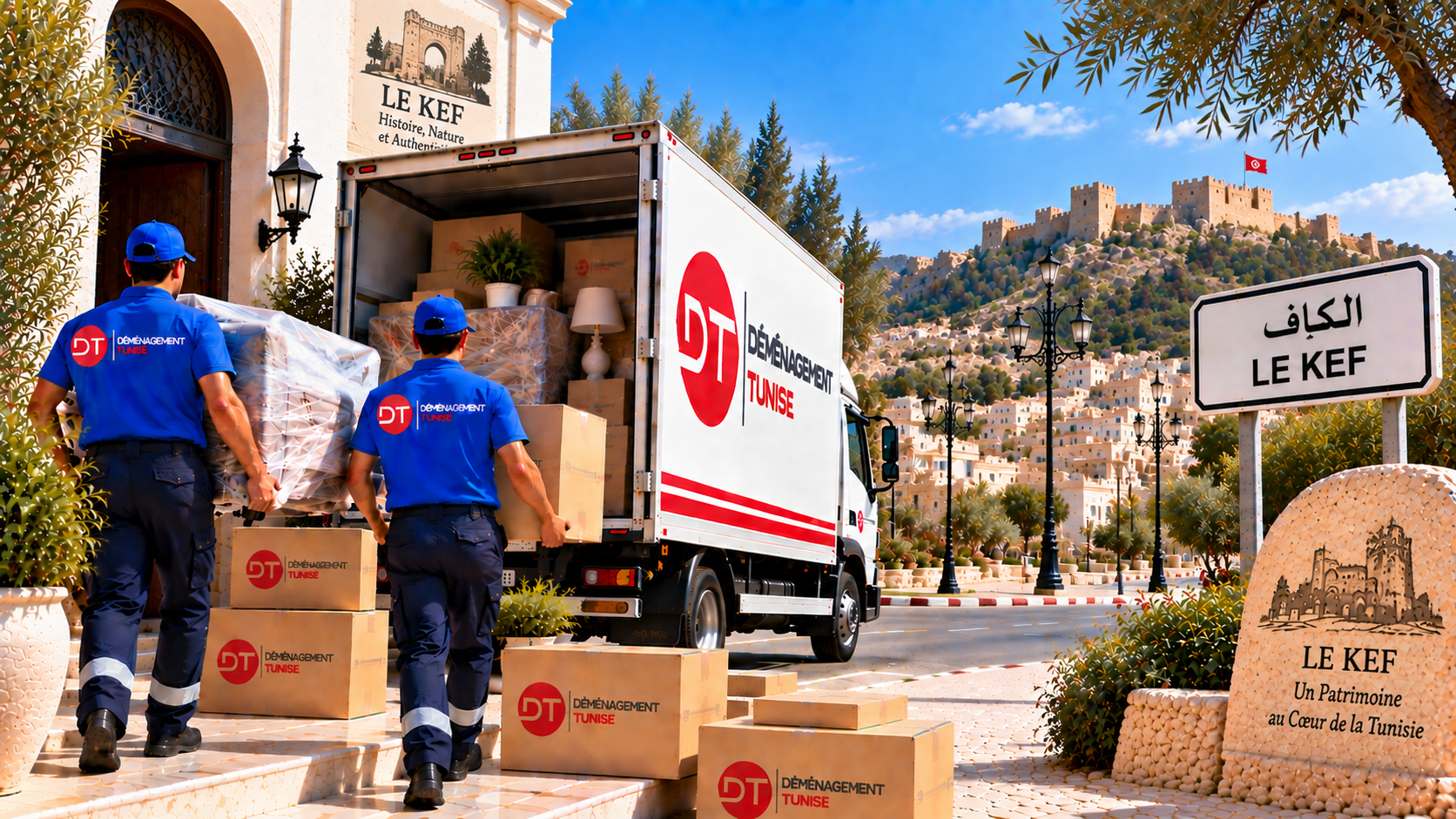 Déménageurs transportant des meubles et effets personnels au Kef