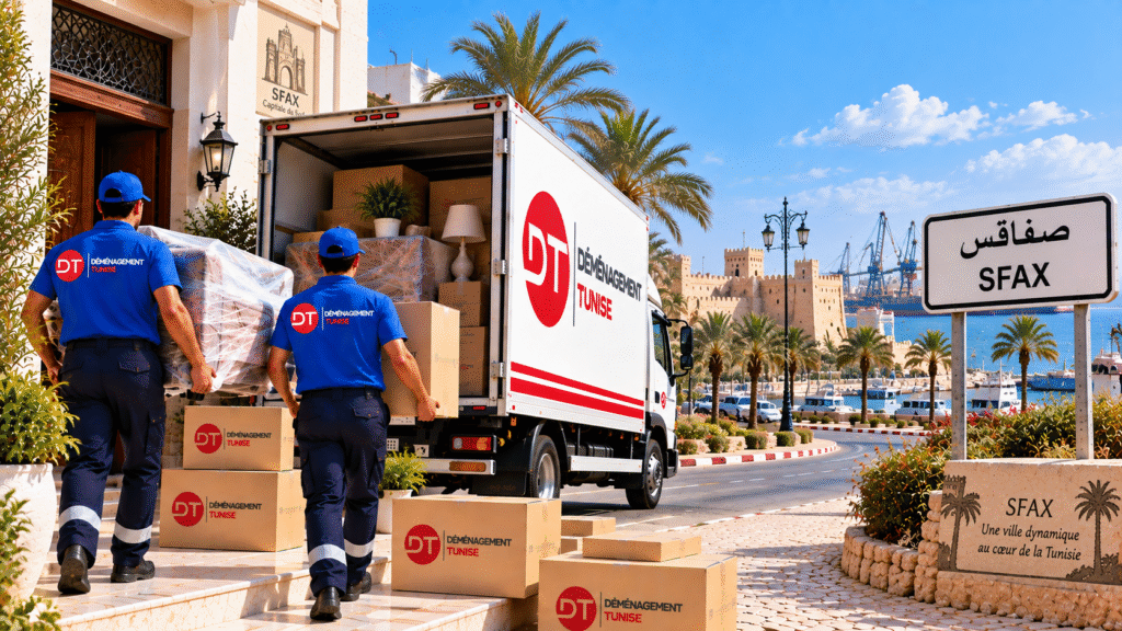 Déménageurs chargeant des meubles dans un camion à Sfax