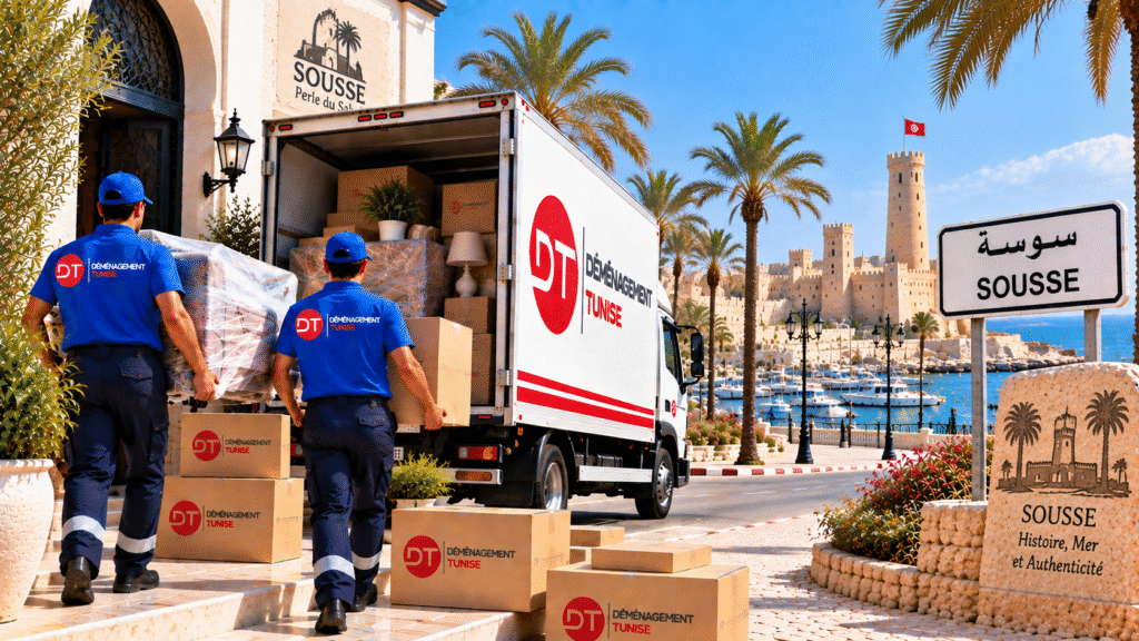 Déménageurs transportant du mobilier et des cartons à Sousse