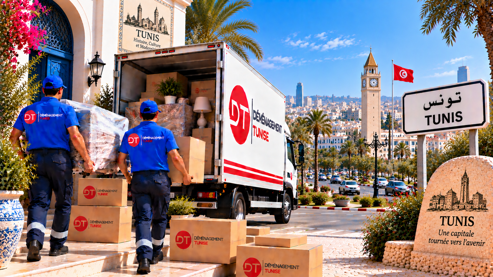 Déménageurs transportant des meubles et cartons à Tunis