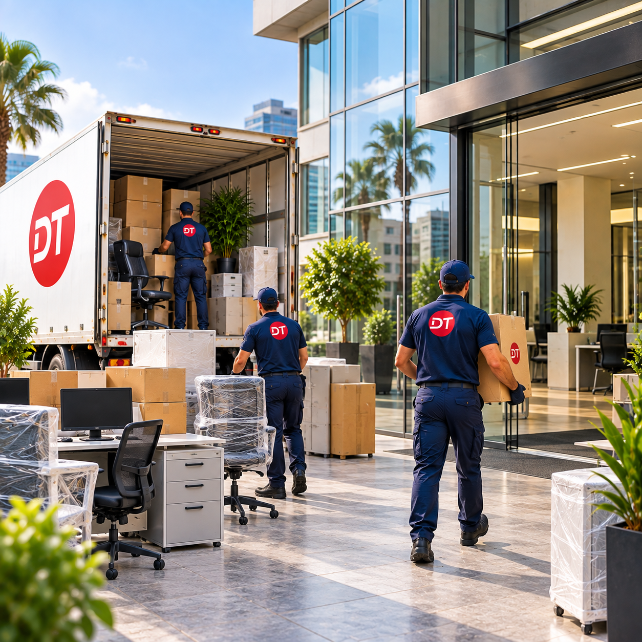 Équipe professionnelle réalisant le transfert de mobilier et d’équipements de bureau en Tunisie