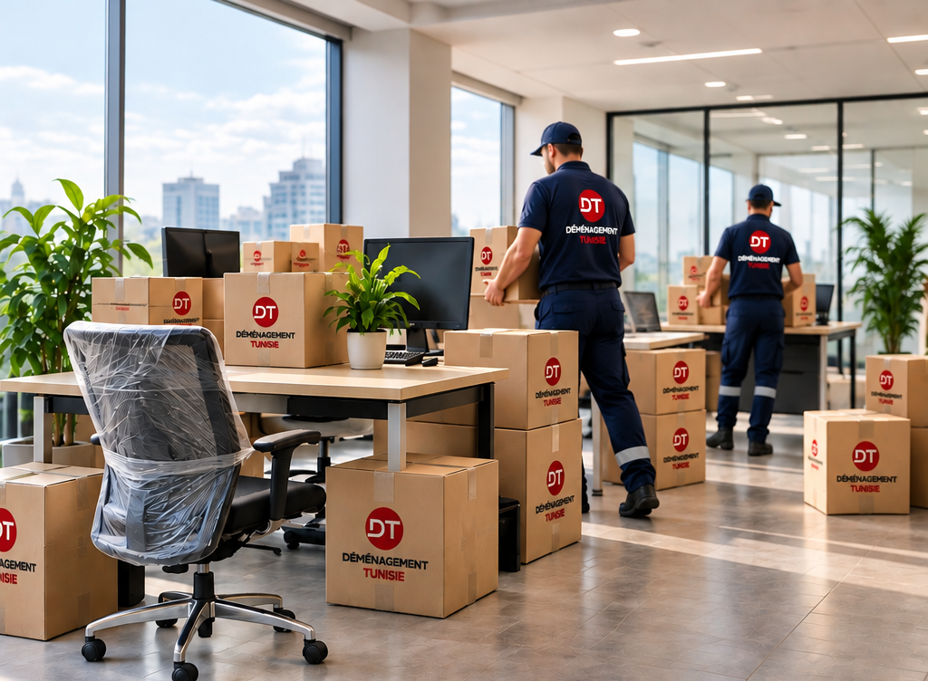 Transport de bureaux, chaises et cartons lors d’un déménagement d’entreprise
