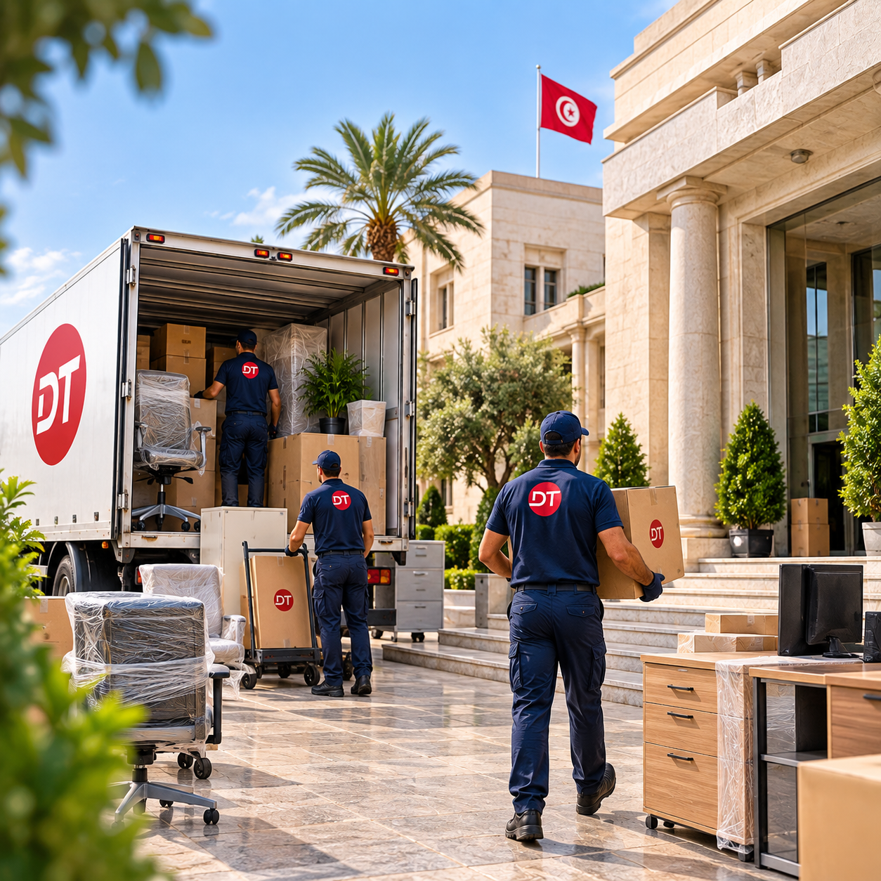 Transport de mobilier et équipements administratifs lors d’un déménagement de ministère en Tunisie
