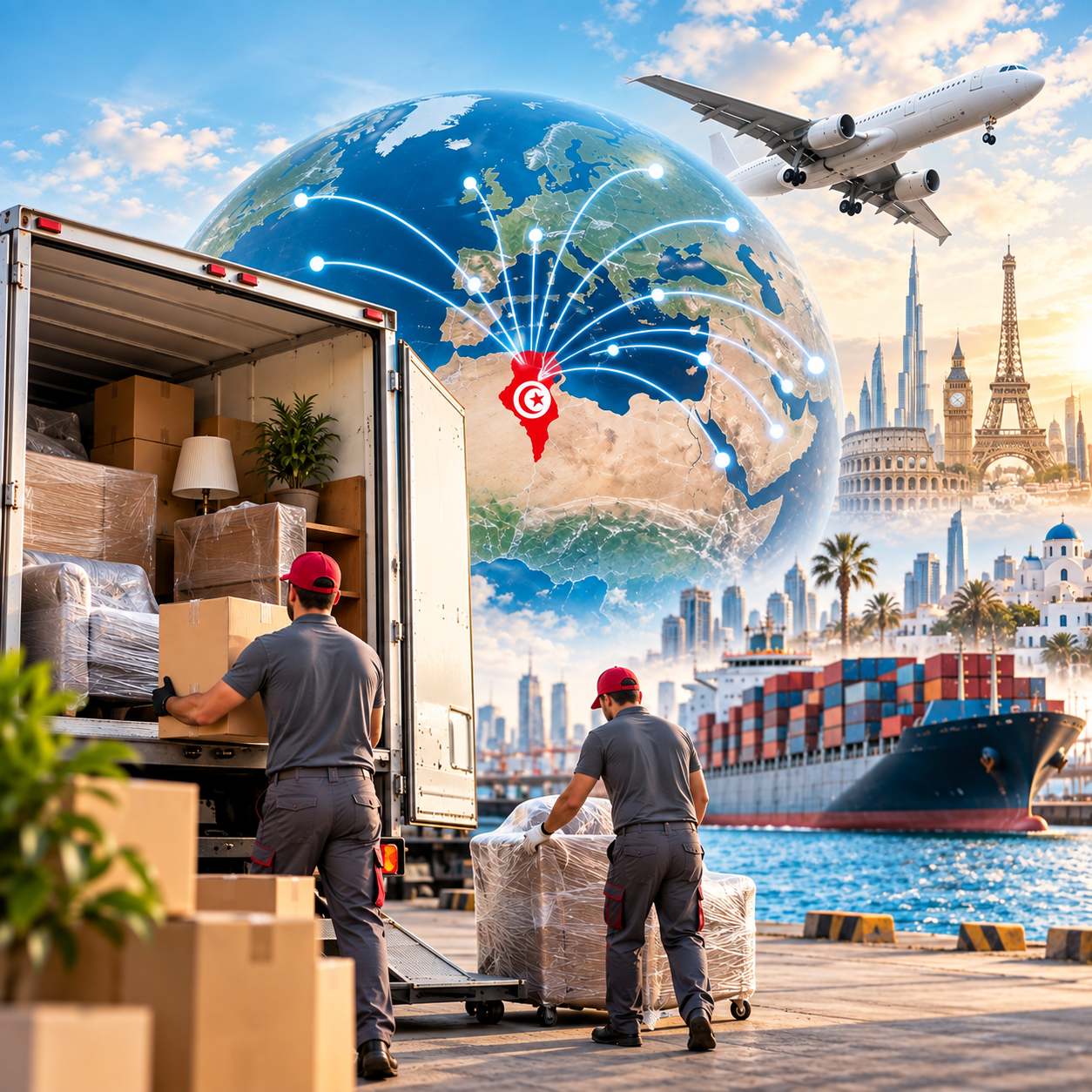 Déménagement international depuis la Tunisie avec transport de meubles et cartons