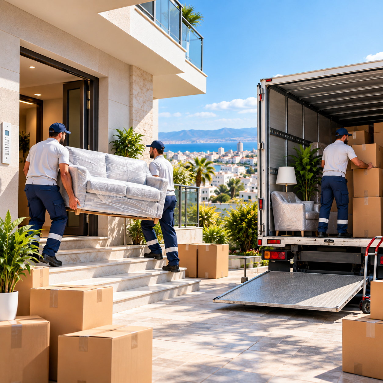 Équipe de déménageurs transportant un canapé et des cartons