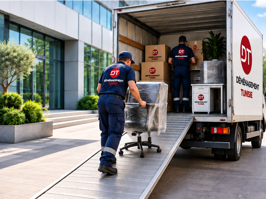 Déménageurs chargeant du mobilier et des équipements professionnels dans un camion