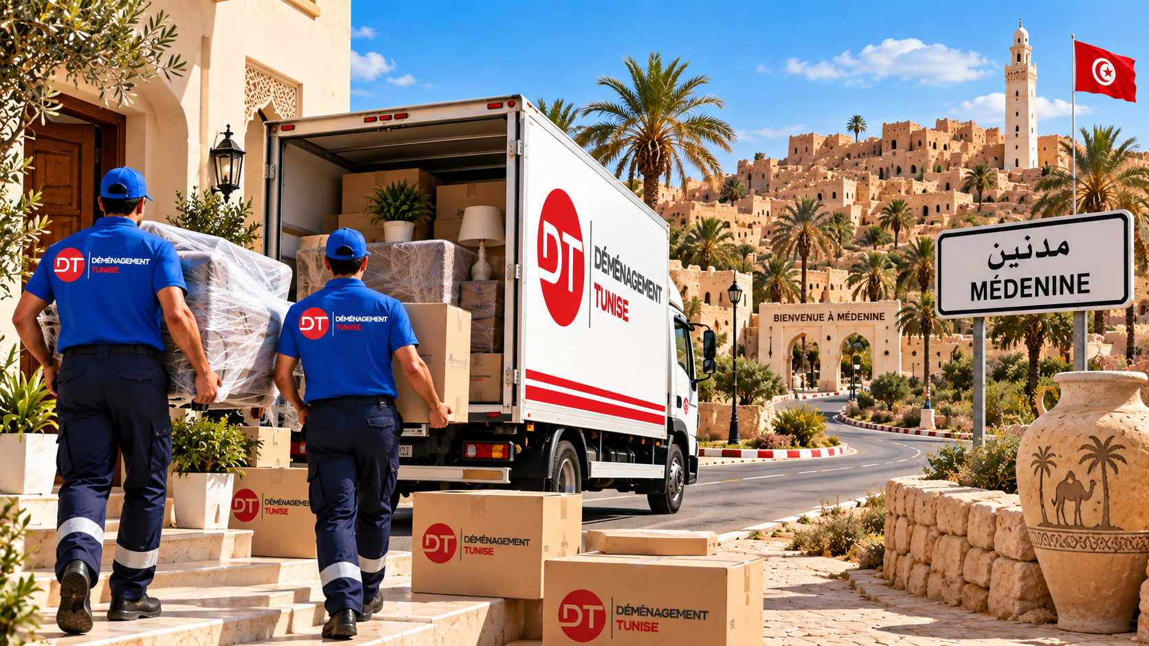 Équipe de déménageurs transportant des meubles à Médenine